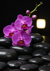 Fototapeta premium Serene Purple Orchids on Smooth Black Stones: Zen Spa Still Life