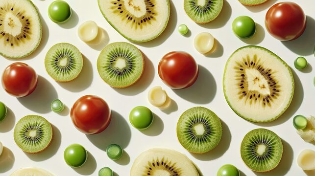 Colorful fruit and vegetable slices arranged in a pattern.