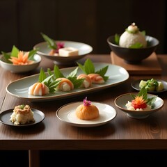 Japanese kaiseki meal with multiple small artful dishes, minimalist plating, soft lighting&rdquo;