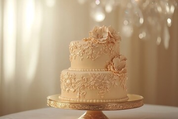 Elegant two-tiered wedding cake with intricate floral decorations.