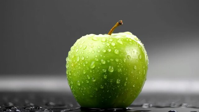 Crisp Green Apple: A close-up shot of a vibrant green apple, glistening with fresh water droplets, suggesting the refreshing essence of nature's bounty, and evoking health and vitality.