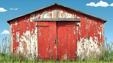 Old red shed with peeling paint sits amidst tall grass under a bright blue sky with puffy white clouds