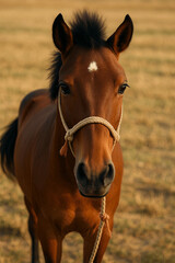 Obraz premium Close-Up of Brown Horse with Rope Halter in Dry Farmland 