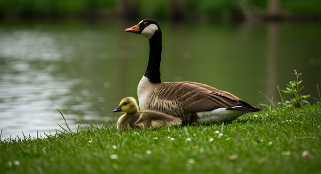 Canada goose,  gosling,  Canada goose gosling, Canada Goose with Gosling by the Water