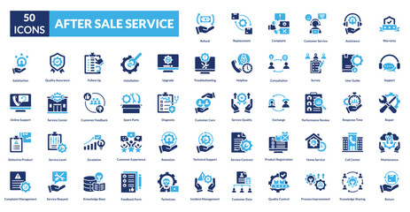 After sale service fill icon collection set. Includes warranty, support, repair, maintenance, feedback, care, upgrade, return, exchange, satisfaction, hotline, assistance, replacement, guarantee