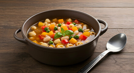 vegetable soup,  pasta soup,  minestrone, Delicious Vegetable Soup with Pasta in a Brown Bowl