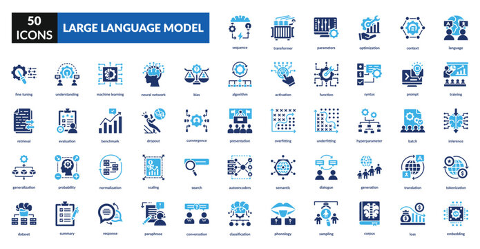 Large language model fill icon set collection. Activation, response, prompt, classification, sampling, generation, model, learning, chatbot, data, algorithm
