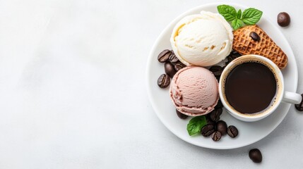 Delicious Ice Cream, Coffee, and Waffle with Coffee Beans on White Plate