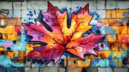 Vibrant maple leaf graffiti art on a weathered brick wall creates urban autumn scene