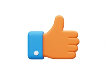3D render of cartoonish orange hand giving Thumbs Up Like gesture with blue cuff isolated on white background