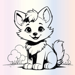 wolf, kawaii style cartoon coloring page for kids