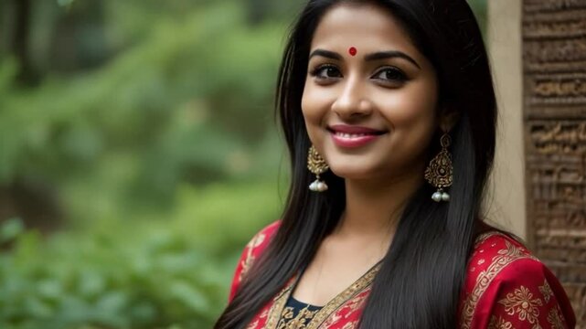 Woman is wearing a traditional red and gold outfit with intricate patterns, complemented by large, ornate gold earrings with pearl drops. India
