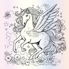 Fototapeta premium Unicorn Flying Over Rainbow Coloring Page Drawing For Kids