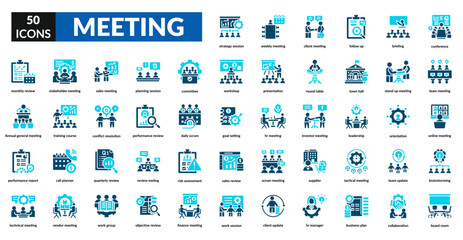Meeting fill icon set collection. Briefing, board room, monthly review, goal setting, workshop, corporate, seminar, networking, consultation, decision, agreement, leadership, reporting
