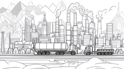 Fototapeta premium Industrial city skyline pollution background. Transportation vector illustration