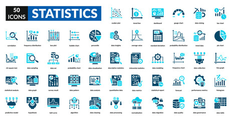Statistics fill icon set collection. Data, graph, chart, analysis, report, trend, metrics, percentage, diagram, visualization, research, survey, prediction, probability, distribution, calculation