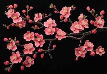 Fototapeta premium Beautiful pink plum blossoms, plum tree branches with many flowers on a black background. 