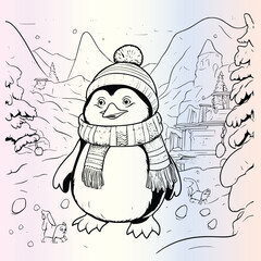 Winter Christmas Penguin Coloring Page Drawing For Kids