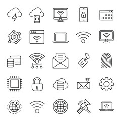set of 30 outline icons related to digital line