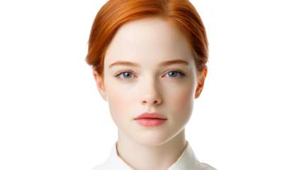 Striking redhead woman in a crisp white shirt, portrait of modern simplicity