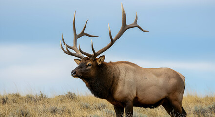 Naklejka premium elk, bull elk, wapiti, Majestic Bull Elk in Autumn Meadow