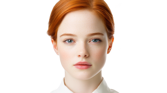 Striking redhead woman in a crisp white shirt, portrait of modern simplicity