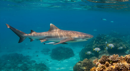 grey reef shark,  shark,  reef shark, Grey Reef Shark Swimming Over Coral Reef
