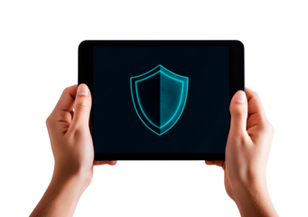 Hands holding a tablet with glowing shield icon representing online security and protection isolated on transparent background