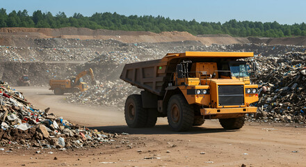 Obraz premium dump truck, landfill, garbage, Yellow Dump Truck at Landfill Site