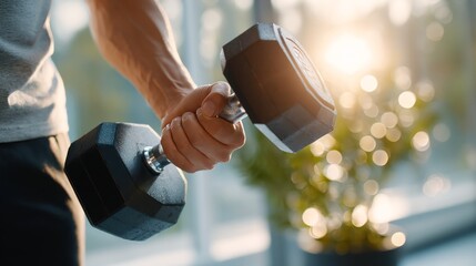 Person Lifting Dumbbell in Workout Session with Bright Sunlight and Green Plant in Background, Fitness and Motivation Concept in Modern Gym Setting
