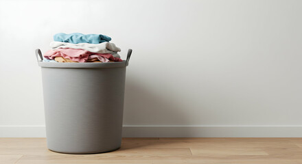 laundry basket,  clothes basket,  laundry hamper, Laundry Basket with Folded Clothes on Light Wood Floor