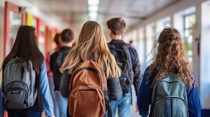 Group of students walking down a school hallway carrying backpacks, going to class.