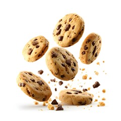 Delicious Chocolate Chip Cookies Falling on White Background