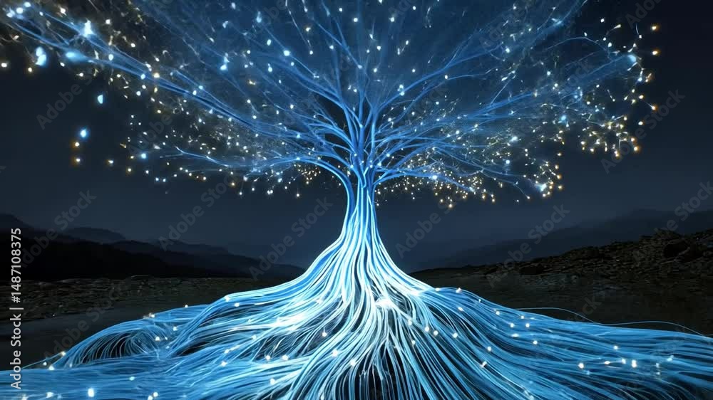 Poster abstract digital tree: a glowing, artistic representation of a tree with interconnected branches and