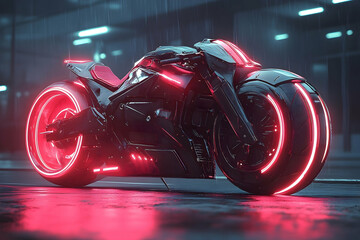Obraz premium Sleek, futuristic black motorcycle with glowing red neon accents, parked on wet pavement under a blurred cityscape background