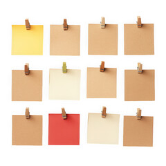 Twelve colorful notes with clips on transparent background