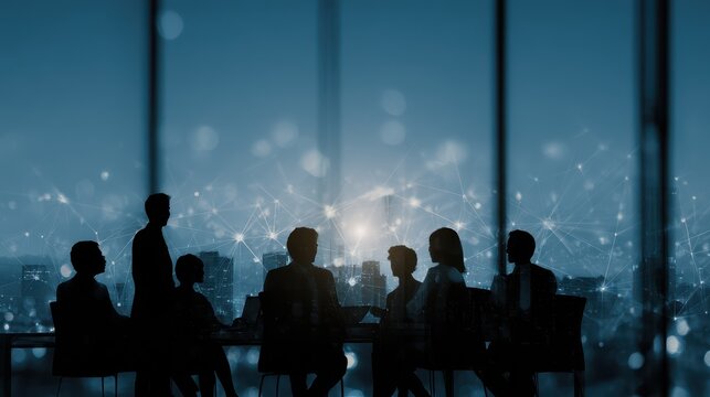 Business meeting silhouettes against a modern city skyline, with digital network connections symbolizing collaboration and innovation during sunrise