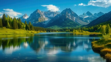 The picturesque view of a lake with mountains in the background under a bright blue sky.