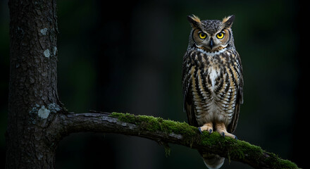 Obraz premium great horned owl, owl, bird, Great Horned Owl Perched on Mossy Branch at Night