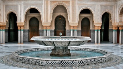 Obraz premium Majestic Fountain in Ornate Moroccan Architecture with Arched Portals