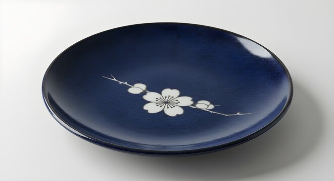 "Elegant Japanese Blue Ceramic Plate with White Cherry Blossom Design"

