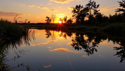Fototapeta premium Serene sunset over tranquil lake, with vibrant colors reflecting on water surface. scene is framed by lush greenery and silhouettes of trees, creating peaceful atmosphere