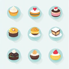 A cute cartoon vector set features a delicious collection of sweet chocolate and strawberry cupcakes, muffins, and a birthday cake, perfect for party decorations