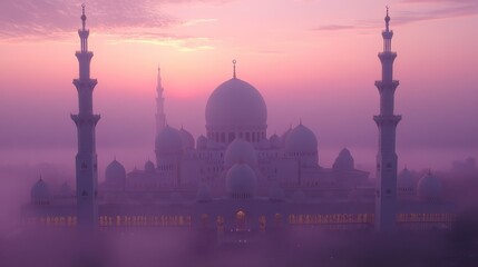 Serene Mosque in Misty Sunrise with Dramatic Pink Sky Reflection