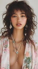 Close-up portrait of a young woman with elegant jewelry and curly hair.
