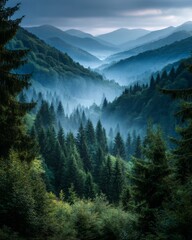 Early morning mist over a lush pine forest valley, moody atmospheric light, layered mountain ridges, peaceful and serene vibe