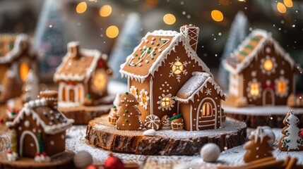 Delightful gingerbread houses decorated with icing and festive lights for a charming Christmas scene.