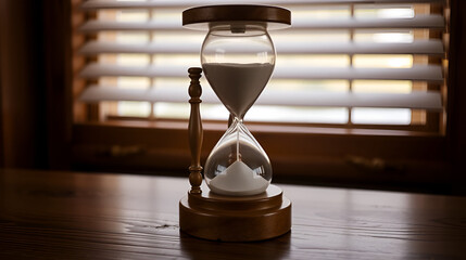 Classic wooden hourglass on wooden table.