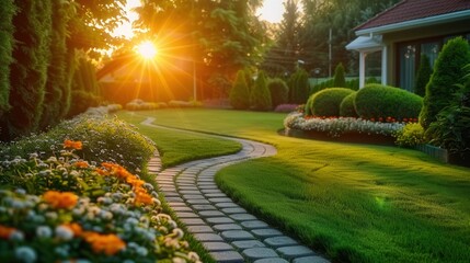 Obraz premium A winding stone path leads through a lush garden bathed in warm sunset light.