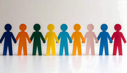 Colorful Paper Cutouts of People Holding Hands on White Background